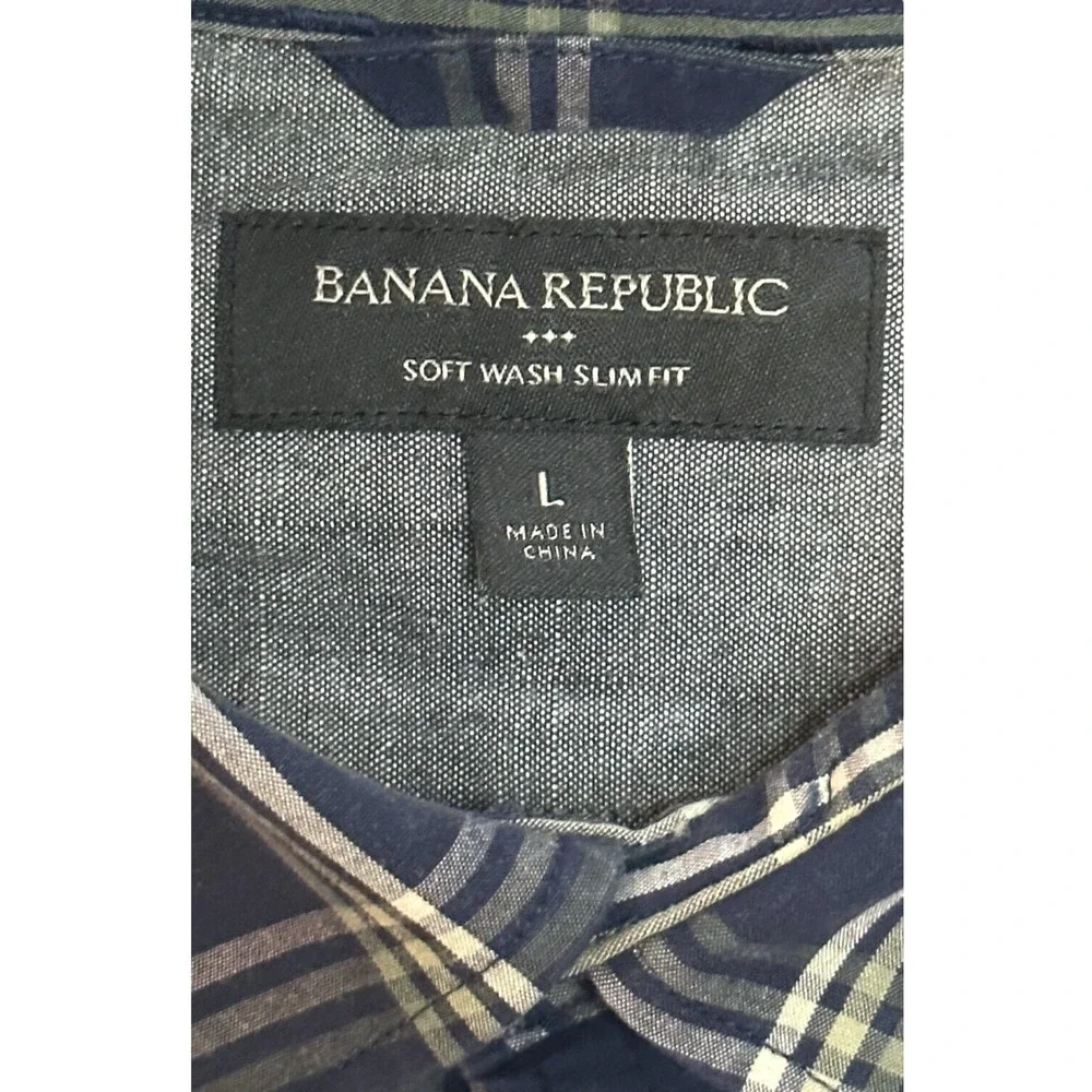 BANANA REPUBLIC Soft Wash Button Up Shirt Slim Fit Blue Plaid Night Out Large